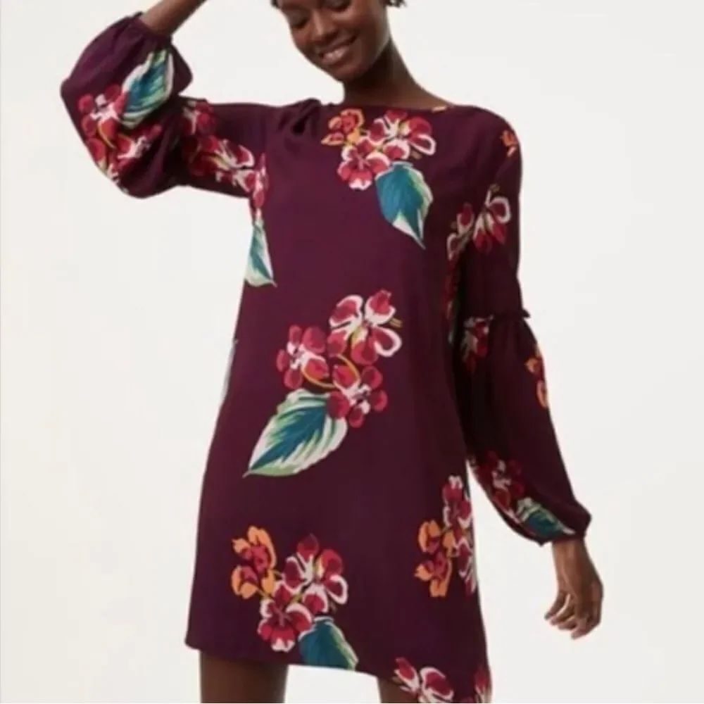 Loft Purple Floral Long Sleeve Shift Dress